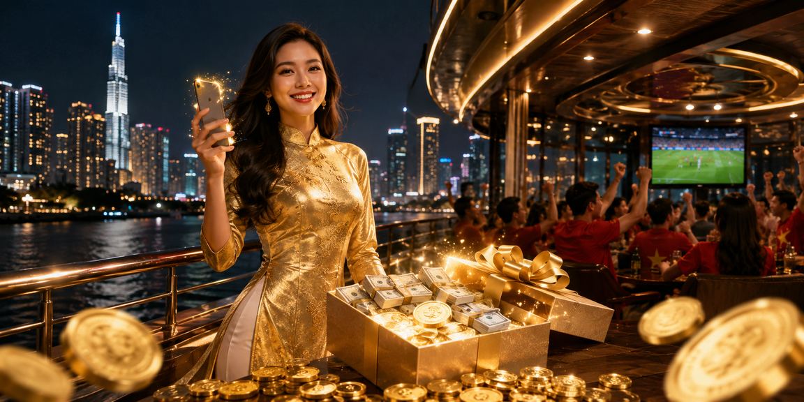 Khung cảnh casino cá cược trực tuyến tại Việt Nam với ánh đèn rực rỡ và không khí hào hứng